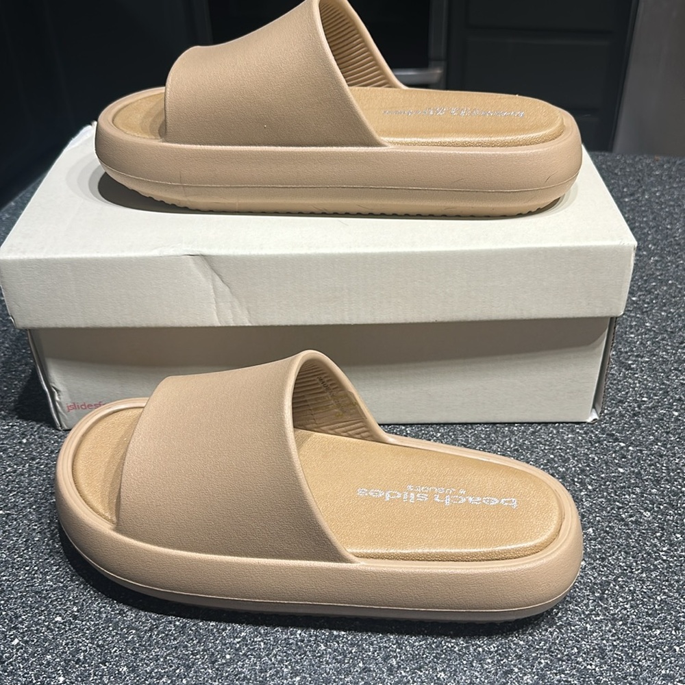 Brand new J/Slides beach slides. Sand Eva Squish, women’s size 8M